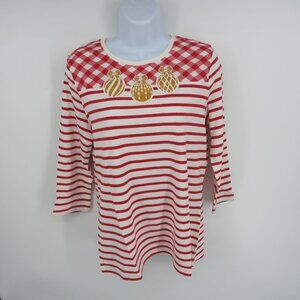 Kim Rogers Women's Holiday Striped Plaid Top Petite Small NWT $26